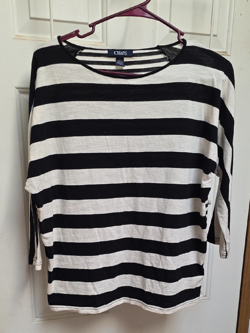 Chaps Black and White Striped Boatneck Top